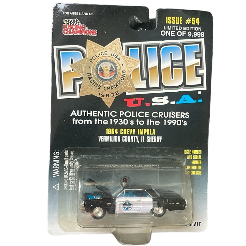 Racing Champion Police USA 1964 Chevy Impala Vermilion County IL #54 Cruiser NEW